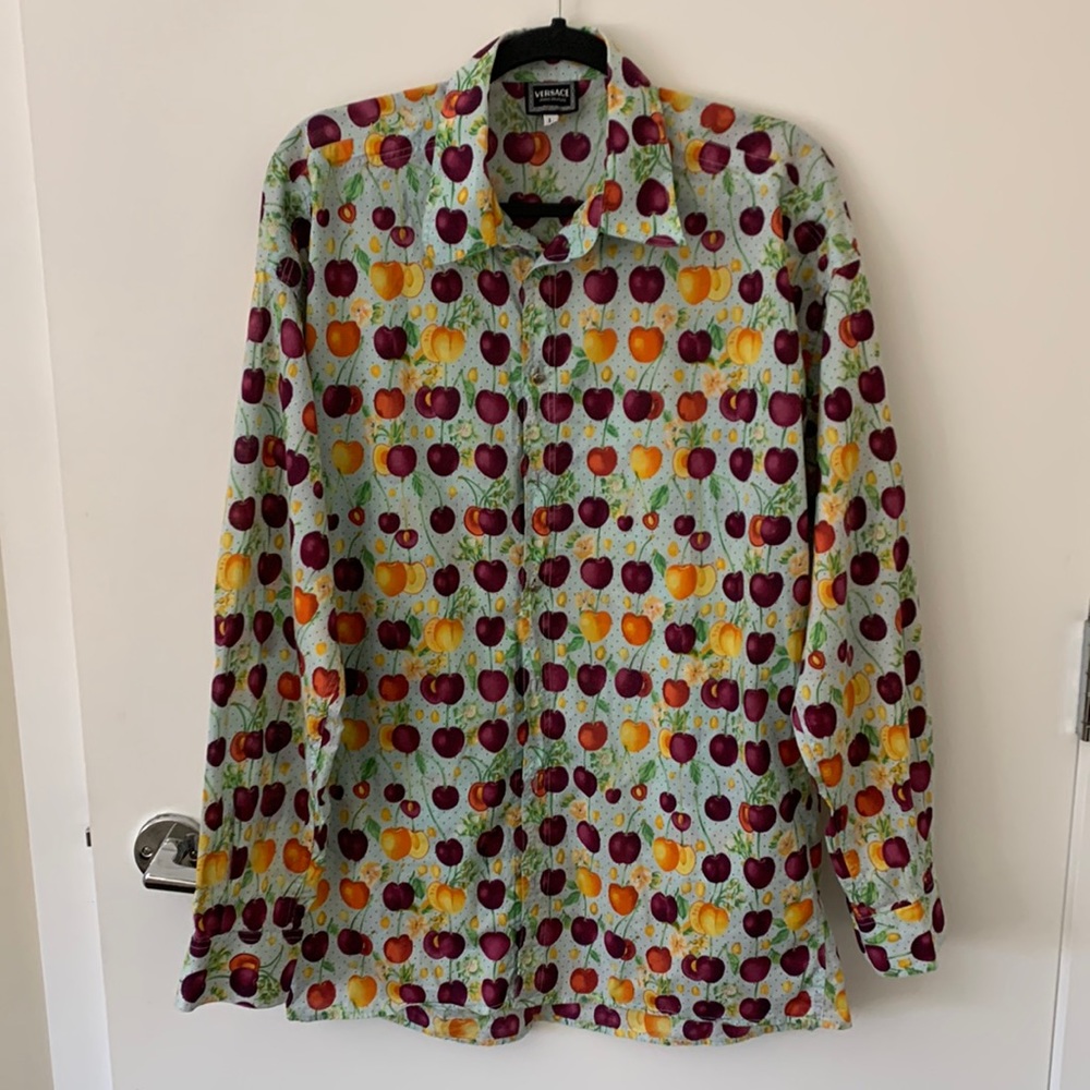 90s Versace Jeans Couture Fuit And Cherries Sheer Rayon Oversize Shirt